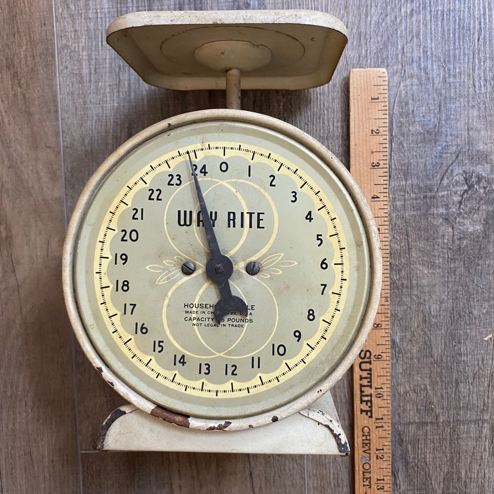 Vintage Way Rite 25lb Household Scale Green Cream Metal Farmhouse Kitchen Decor